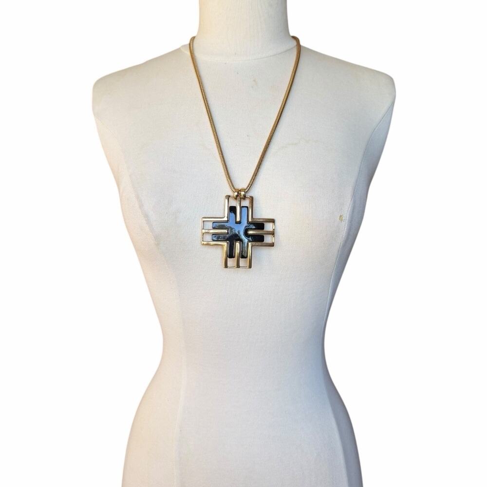 Jules Smith Twitter Cross Statement Necklace Sleek Black Enamel Yellow Gold NWT